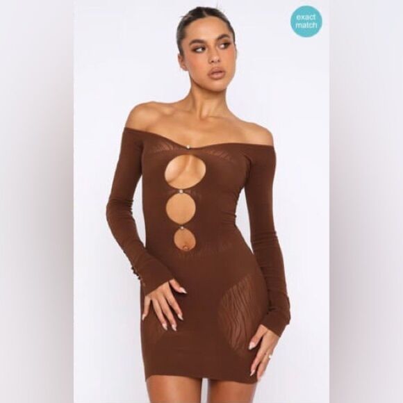 White Fox Bodycon Mesh Brown Mini Dress - Picture 1 of 7